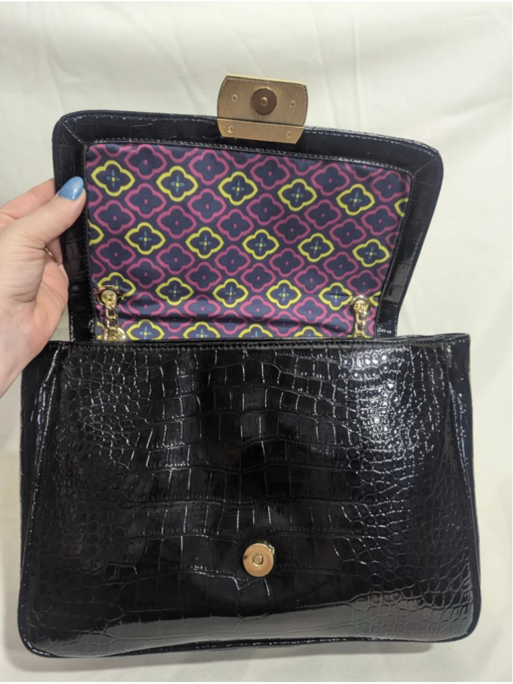 Anne Klein Black Croco Luxe II Shoulder Bag Gold
